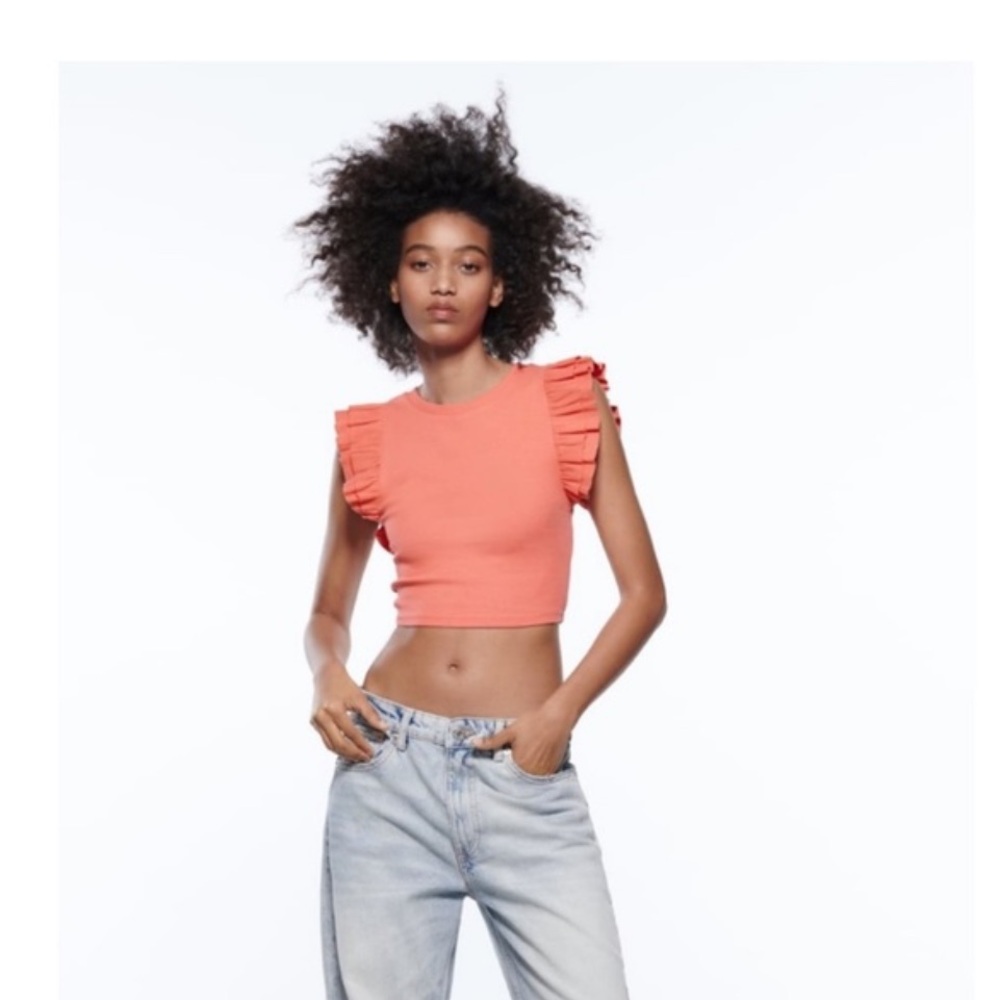 Zara Coral Ruffle Sleeve Top, Size Medium
